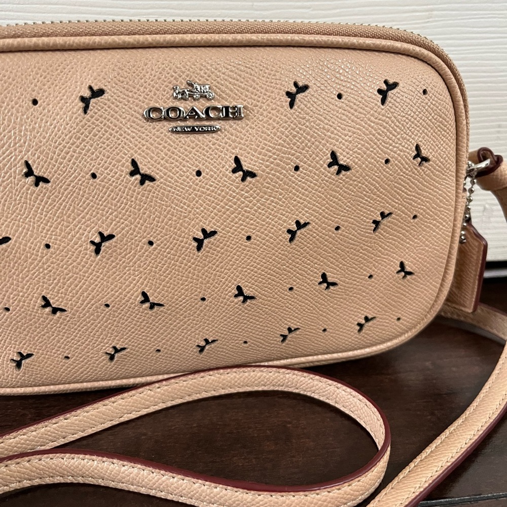 Coach Soft Leather Double Zipped Purse, Crossbody with Perforated Butterflies - Picture 2 of 10